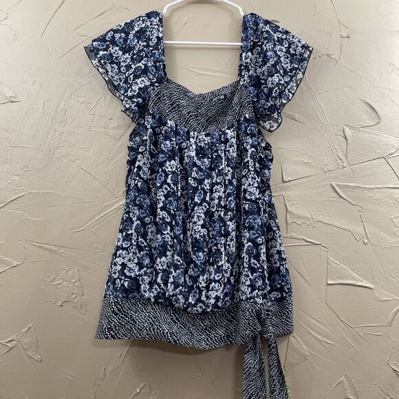 APT 9. Whimsy Tie Top Women L Floral Blue Flutter Sleeve Peasant Blouse Y2k Chic - Picture 13 of 16